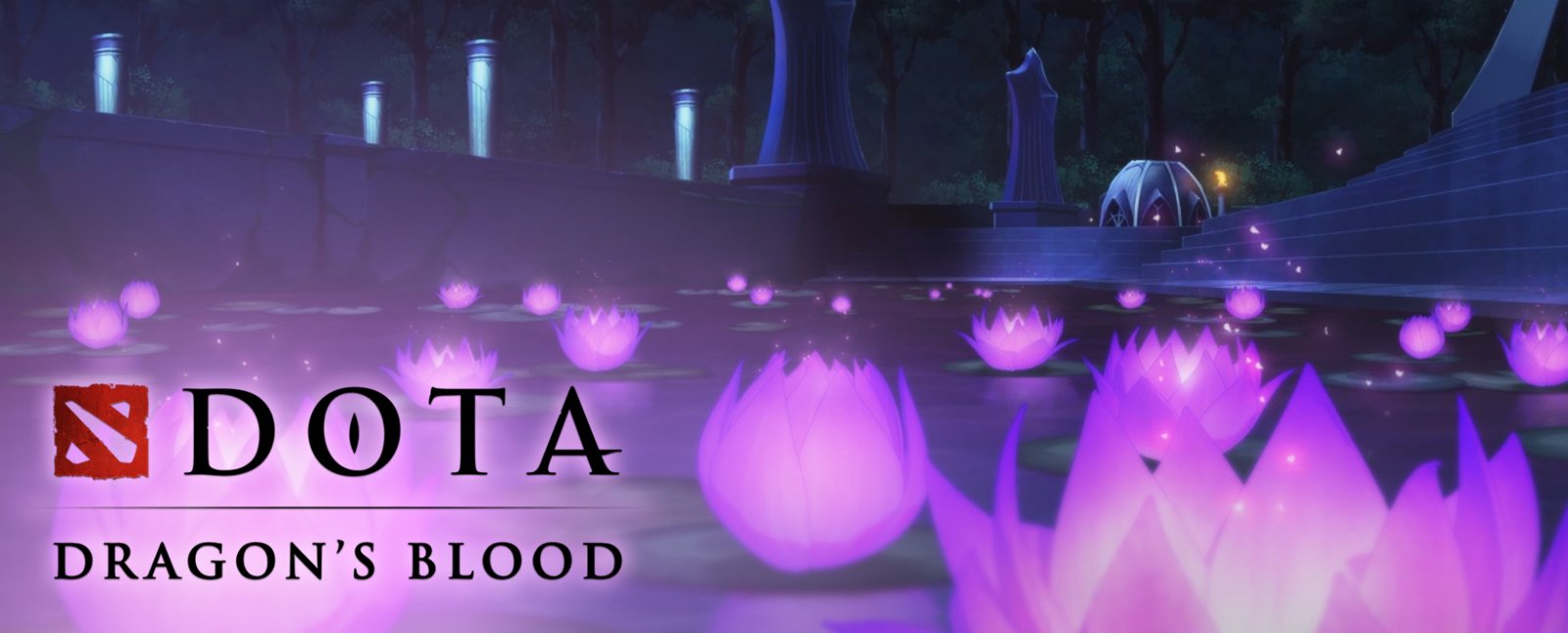 DOTA: Кровь дракона Баннер аниме-сериала «DOTA: Кровь дракона»: светящиеся лотосы в ночном пруду