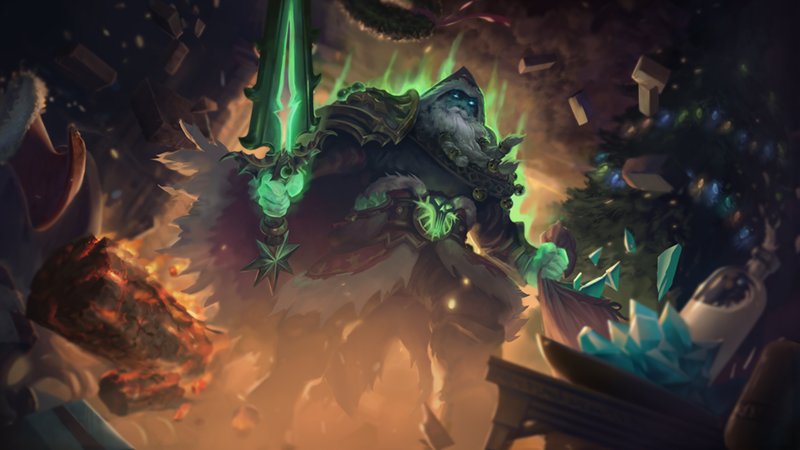 Скелет-король с зелёным мечом среди подарков — арт Холодрыжества 2023 в Dota 2